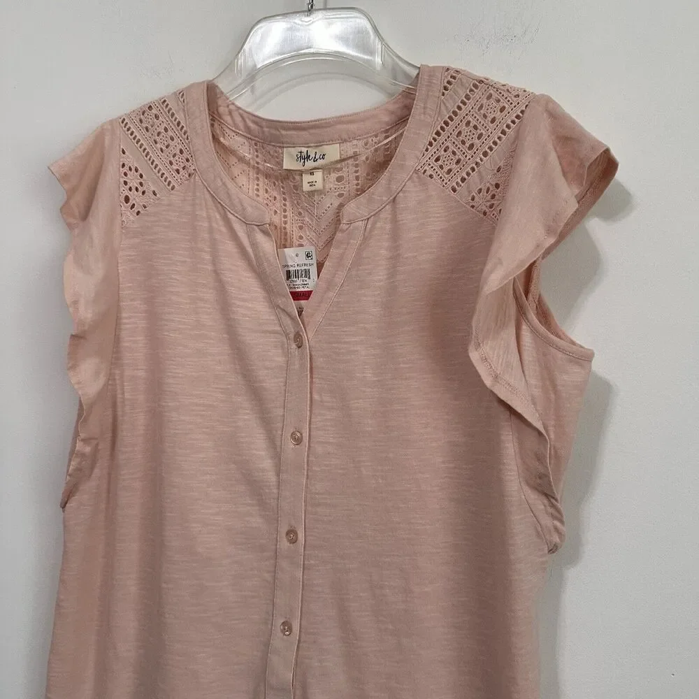Style & Co Top XS Cap Flutter Sleeve Crushed‎ Petal Pink Popover Casual Lace NEW - Picture 3 of 11